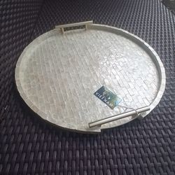 Decorative Tray Mosaic Gold Color Handles Pearlescent Home Decor Or Serving Round