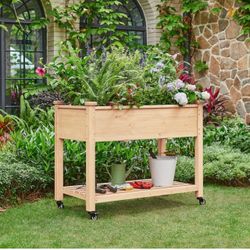 Fir Wood Elevated Garden Bed with Wheels, Mobile Planter Box for Vegetables, Flowers & Herbs, Wood
