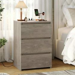 3 Drawers Nightstand with Charging Station, Side Table with Storage for Living Room, Bedside Nightstand for Bedroom, Wash Gray