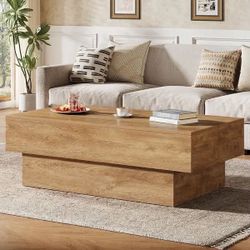 55-Inch Farmhouse Wood Coffee Table, Rustic Large Rectangle Tea Table, Vintage Center Table, Light Brown.