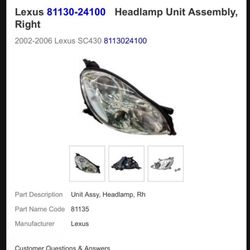 Lexus 2002-2005 Sc430 Car light Right 