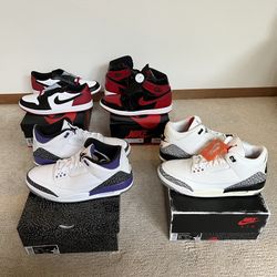 DS Jordan 1s and 3s Black Toes, Patent, Reimagined, Purple Iris 