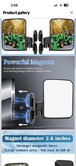 Magnetic Tractor Mirrors Compatible with Kubota B BX Mahindra John Deere Toyota, Strong Magnet Side Mirrors for Forklifts, Lawn Movers, Golf Cart, Sma