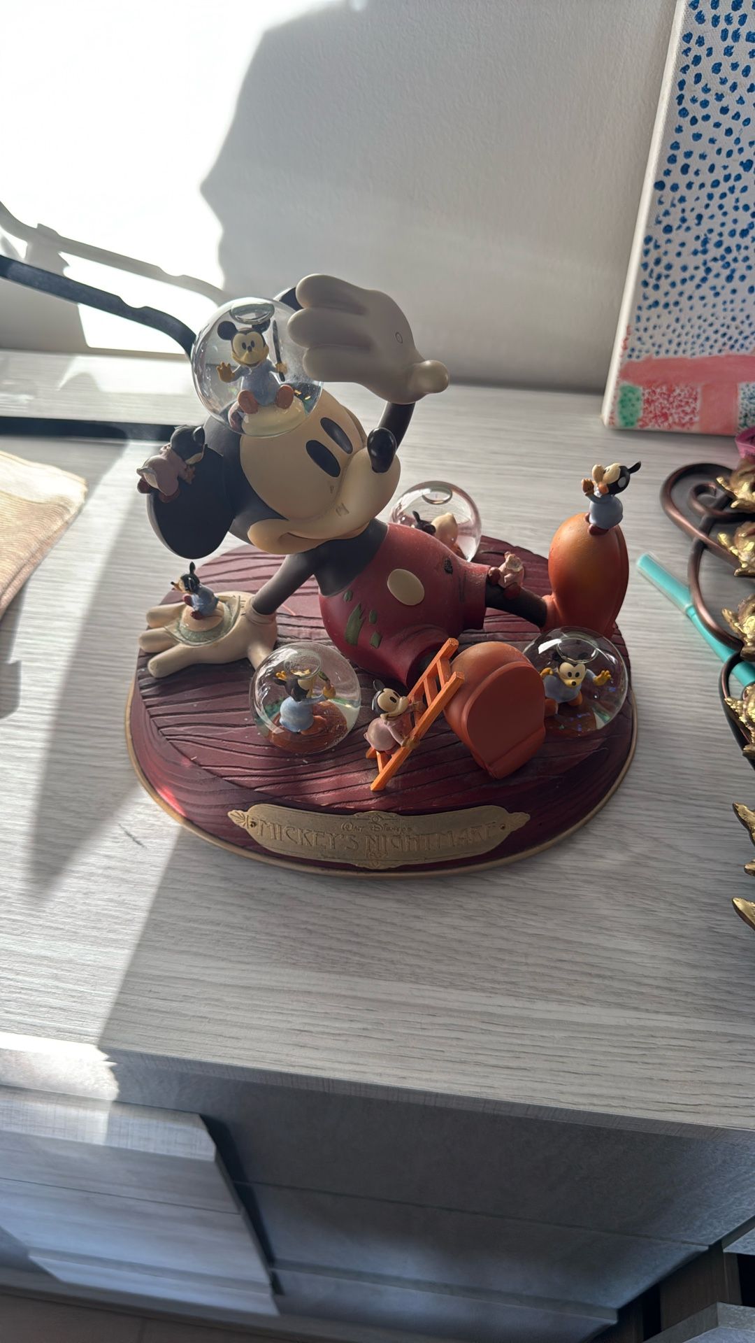 The image shows a Disney Mickey Mouse "Mickey's 1932 Commemorative Musical Snow Globe.
