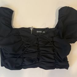 Black Crop Top with Puff Sleeves Size Tie Front Sz. Medium by Rehab Lab