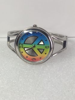 PEACE SILVER TONE LADIES BANGLE WRIST WATCH