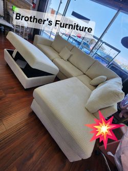 Sectional  W Storage Ottoman Beige Corduroy fabric, USB Port. New Especial price