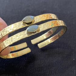 Hammered Brass Cuff Bracelets with Labradorite Gemstone Accent
