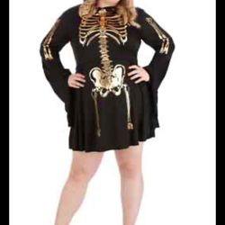 Plus Size Women's Gilded Hooded 2X Skeleton Black/Gold Long Sleeve Dress Halloween Costume, 2 pc set, dress & face mask, sleeve 25” armpit 24” each si