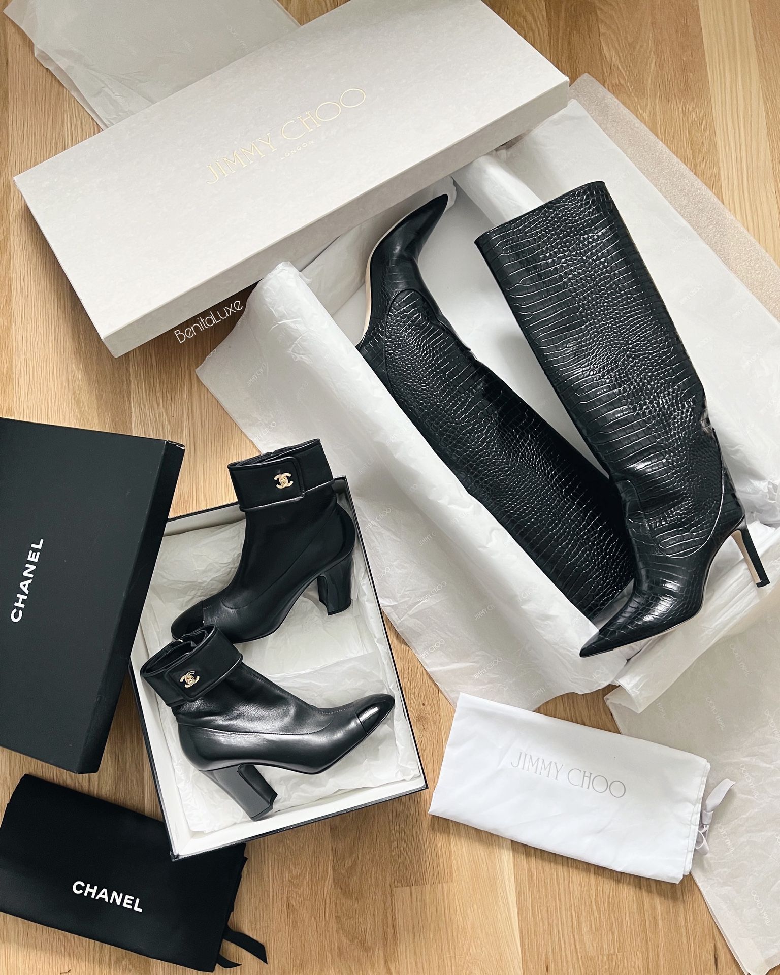 EUC $1450 JIMMY CHOO Black Mavis 85 Croc-Embossed Leather Pointed-Toe High Boots 8 39