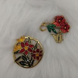  Two Gold tone with red flower brooches