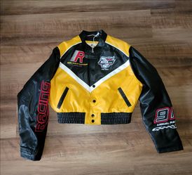 Smoke Rise Cropped Vegan Leather Racing Bomber Jacket Yellow Size Large