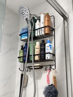 Shower Caddy Hanging - Never Rust Shower Hanging Organizer - Aluminum Over the ShowerHead Caddy with Soap Basket and 6 Hooks for Razor/Sponge (Black)