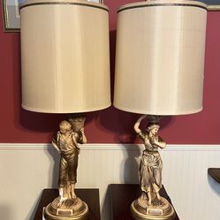 Vintage Pair Beautiful Figural Lamps Young Man Young Woman Fruit Baskets 39”