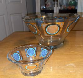 Vintage Mid-Century Modern Pasinski 22KT Gold & Turquoise Chip & Dip Glass Bowl Set (No Stand)