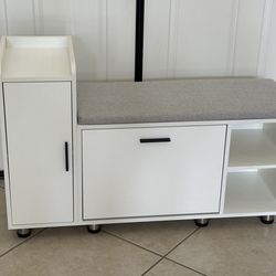 Brand New Shoe Storage Bench with Flip Drawer for 6-8 Pairs of Shoes White with Gray Cushion