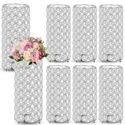 Dandat 8 Pcs Crystal Flower Vase for Wedding Table Centerpieces 7.87 in Crystal Pillar Candle Holder Metal Cylinder Flower Vase Stand for Christmas We
