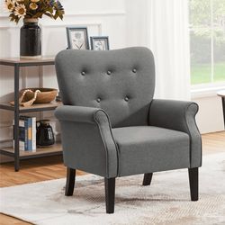 Modern Upholstered Accent Chair with Wooden Leg for Living Room, Dark Gray