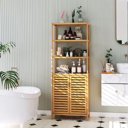 66" Tall Bathroom Storage Cabinet, Natural Bamboo Cabinet, for Narrow Bathroom Floor Cabinet with 2 Doors & 4-Tier Open Shelves, Corner Freestanding O