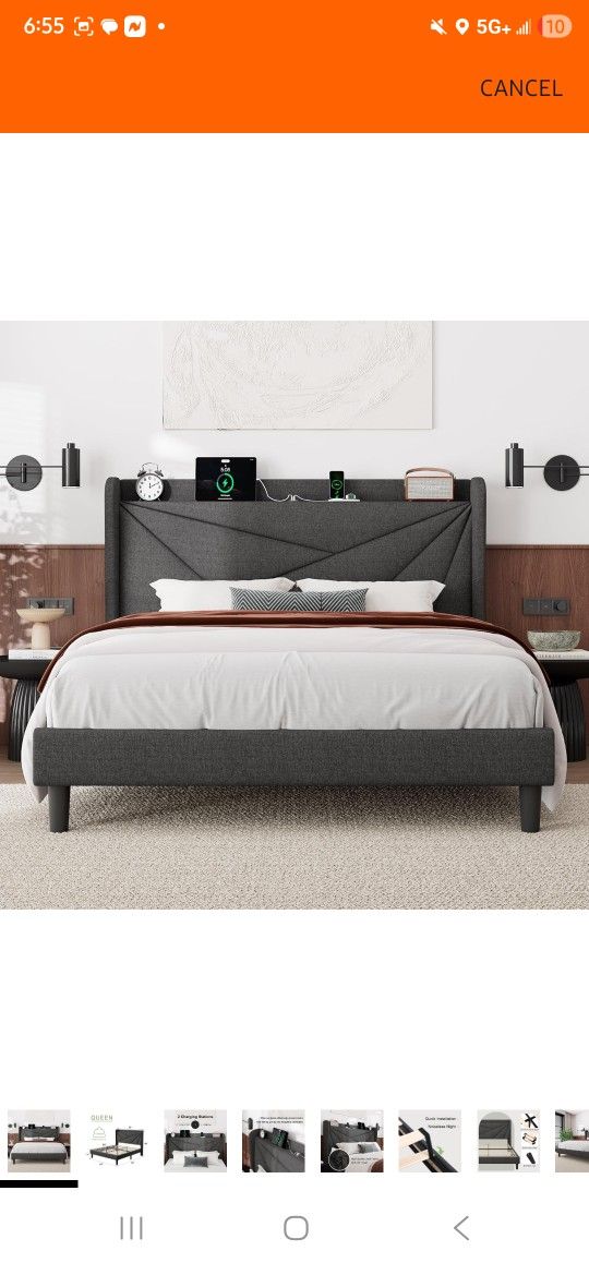 Feonase King Size Bed Frame with Charging Station, Linen Upholstered Platform Bed Frame with Wingback Storage Headboard, Solid Wood Slats Support, No 
