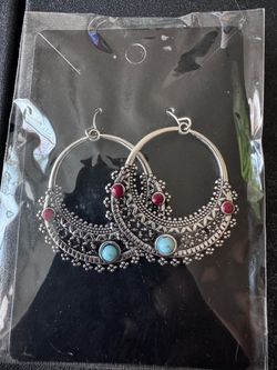 Boho Silver Hoop Earrings with Turquoise and Red Stones