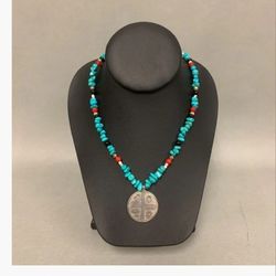 Sterling Good Omens Pendat on Turquoise Onyx Red Coral Beaded Neclace Signed 