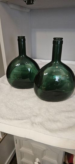 Green Glass Round Bottle Decanters Set of 2