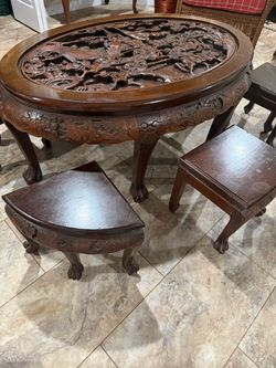 Asian mahogany Cove coffee/tea/dinner table with six stools