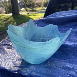 Vintage Hand-Blown Blue & White Swirl Art Glass Handkerchief Bowl
