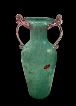 Vintage  Murano Scavo Amphora Glass Vase Seafoam Blue Iridescent 12in