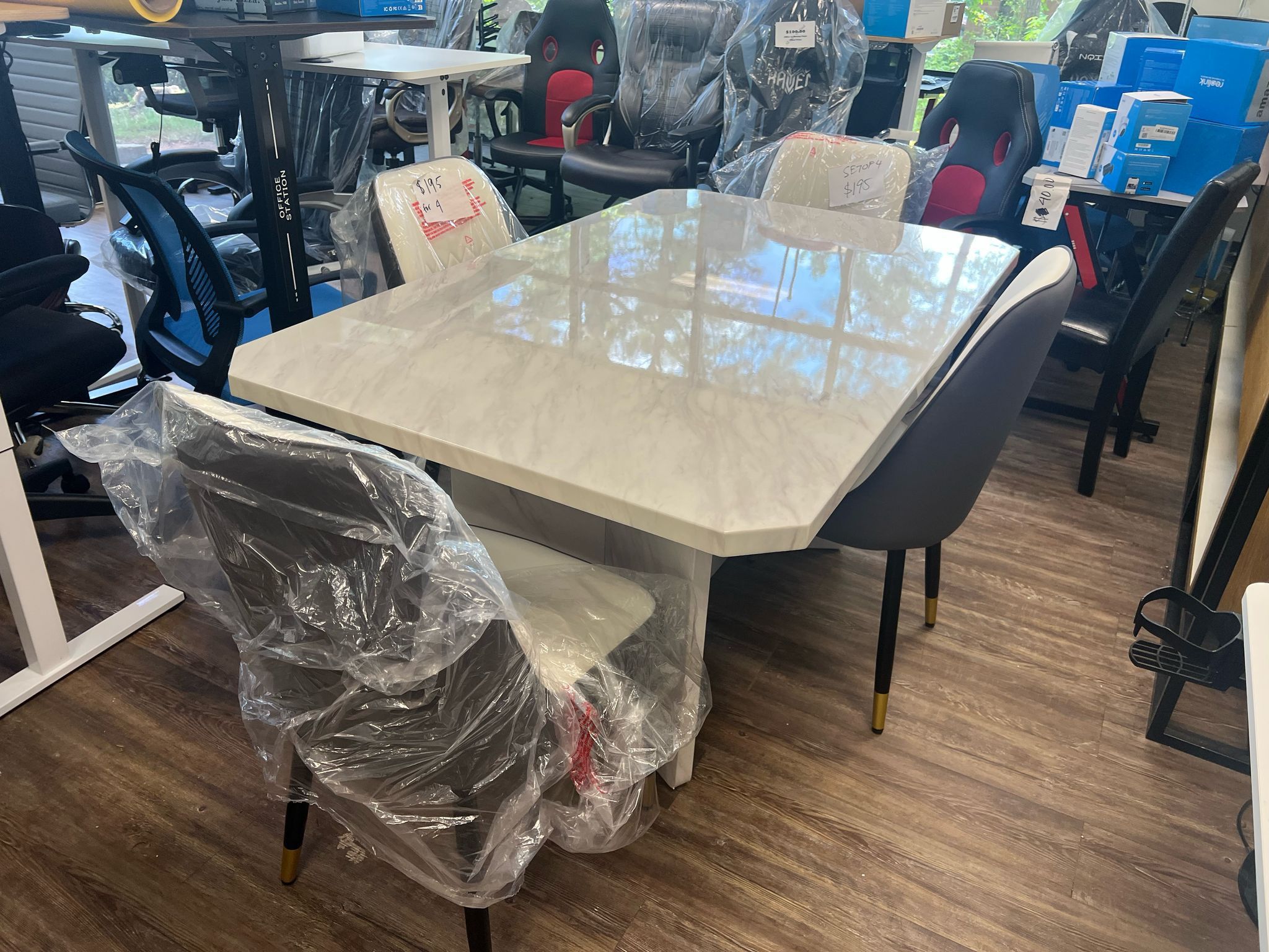 New Octagon 5-Piece Dining Set w/Marble Table & Upholstered 4 Chairs $395