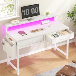 New Computer Desk with 2 Drawers & LED Lights,39.4 Inch Home Office Desks with Side Pocket and Monitor Stand,Study Writing Table for Small Spaces,Whit