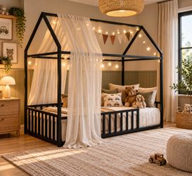Twin bed Montessori House Bed Metal Floor Bed Bed, Black
Sturdy Metal Frame House Bed Frame with Fence, Montessori Style No Slats Floor Bed, Easy Asse