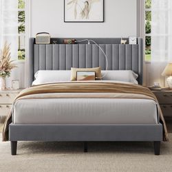 Queen Sized Bed Frame With Charging Ports! Gray 