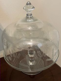 ESTATE SALE: etched wine, caraft, and cake stand set