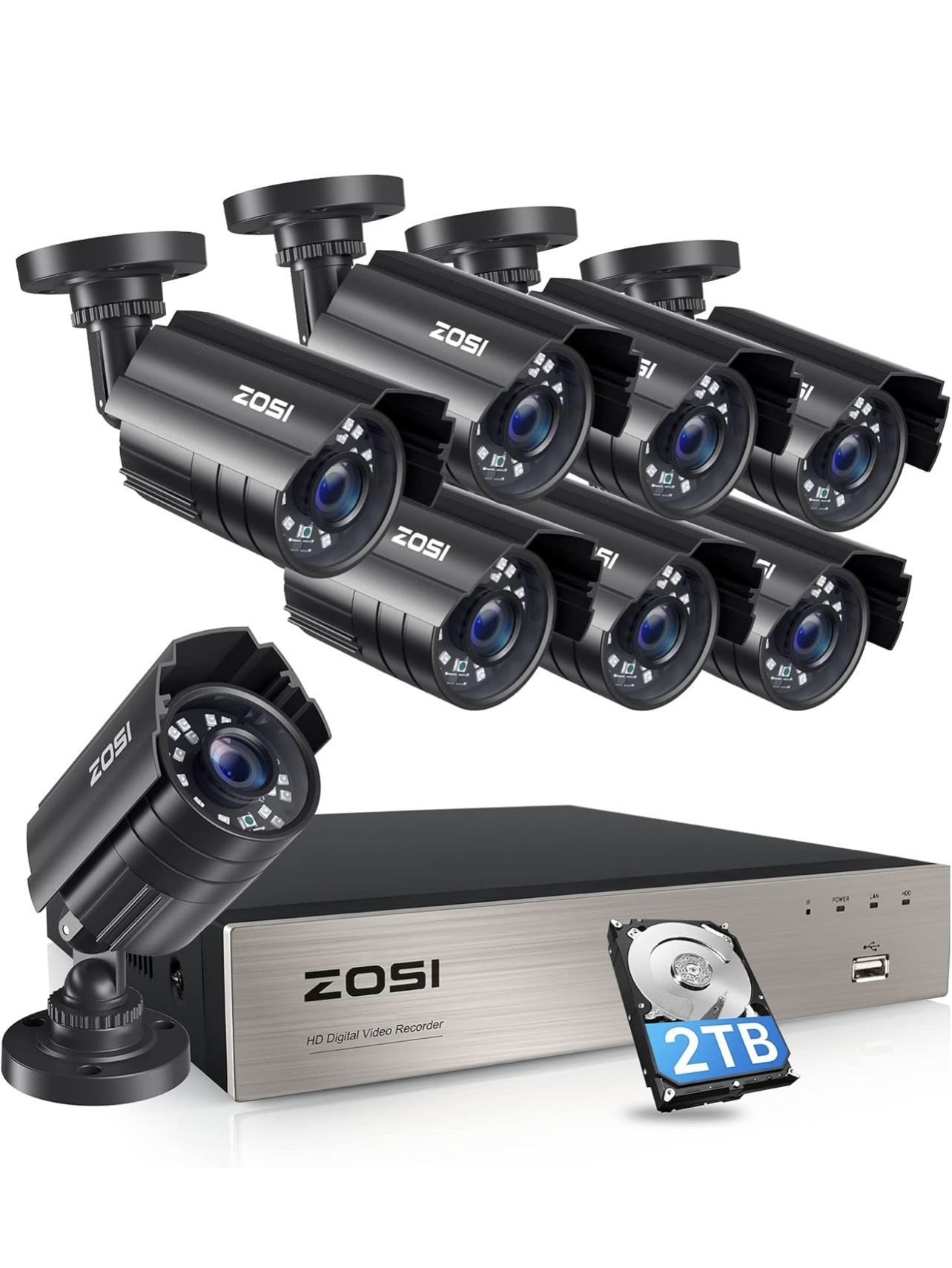 ZOSI Sistema de cámara de seguridad para el hogar H.265+ 1080P con detección de vehículos humanos AI, 5MP 3K Lite 8 canales CCTV DVR grabadora con dis