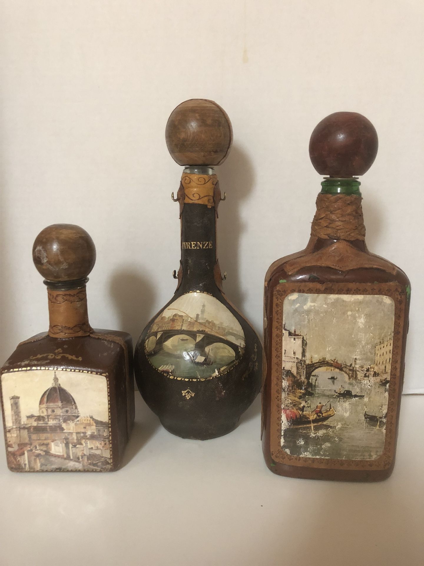 Set Of 3 Vintage Italian Leather Wrapped Decanters Bottles Italian City Scenes