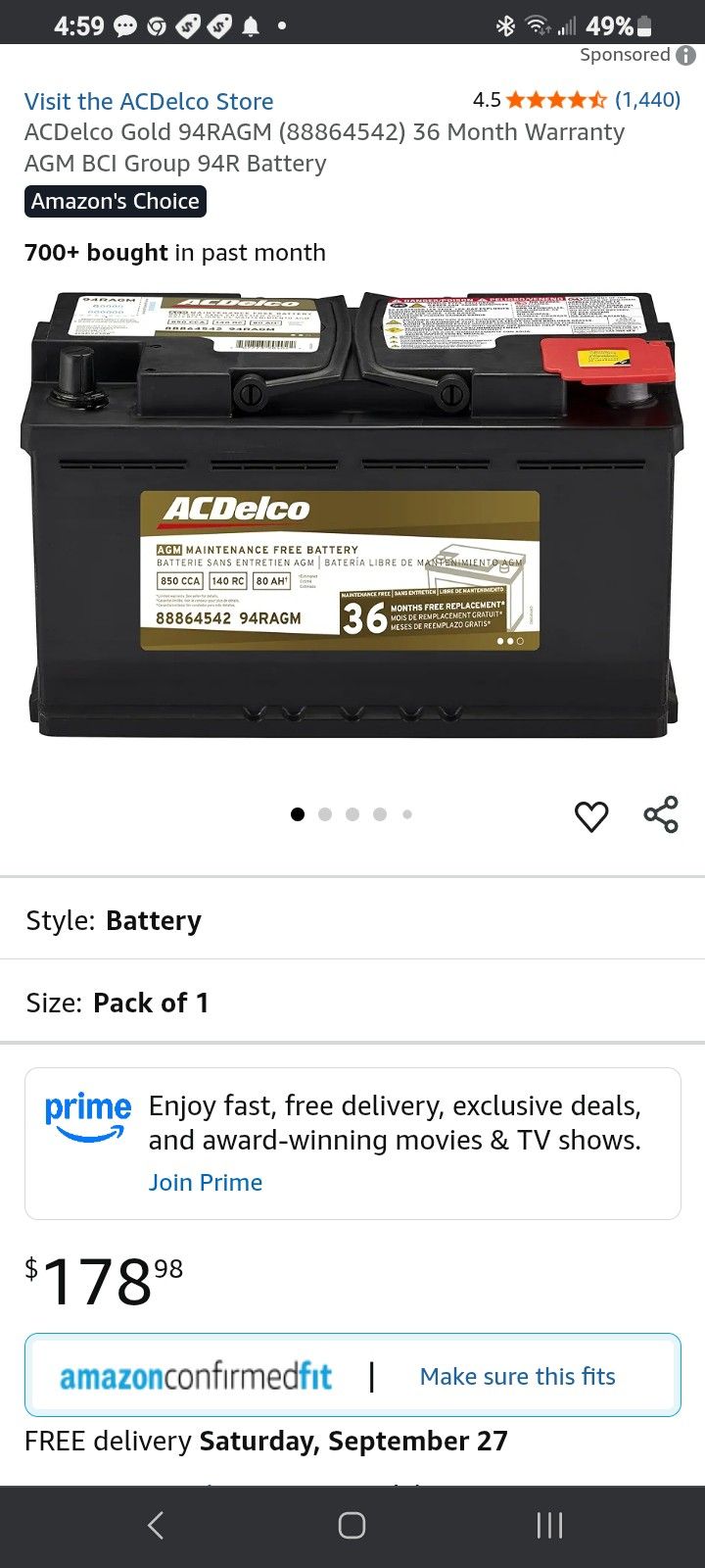 AC DELCO 94RAGM 850CCA BRAND NEW 