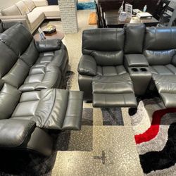 Summer clearance sale. Madrid, gray leather reclining sofa and loveseat set now $1199. Easy finance option. Same day delivery.