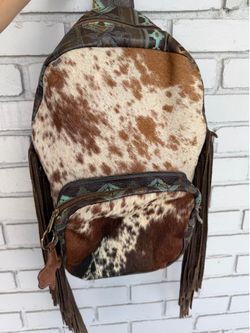 Handmade Cowhide Hair On Hide Fringe Backpack Western Leather Boho Diaper Bag 17”