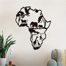 Rustic Farmhouse African Map Metal Wall Art with Animal Accents - Indoor/Outdoor
