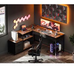 AODK L Shaped Computer Desk with Fabric Drawers and File Cabinet, 53" Reversible Home Office Workstation Desk with Power Outlets & Host Stand, Corner 
