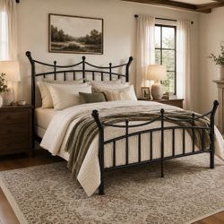 SHA CERLIN Queen Size Metal Bed Frame, Victorian Crown Style, Black