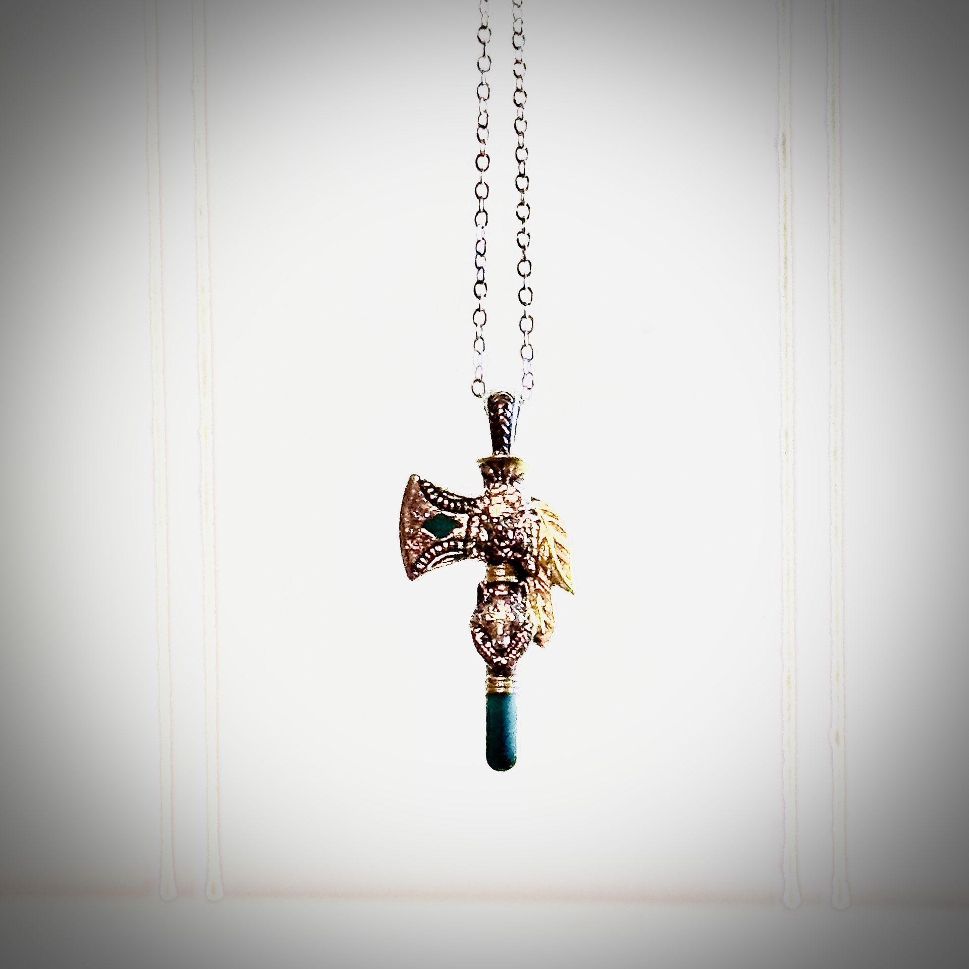 Mens Tomahawk With Gold Feather And Embedded Turquoise Sterling Silver Gold Plated And Natural Turquoise Mens Chain Necklace New