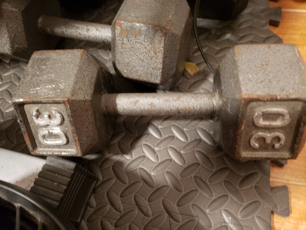 Two 30 lb hex dumbbells