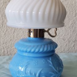Avon Courting Lamp Perfume Cologne Bottle Milk Glass Shade Blue Vintage
