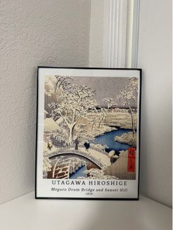 Beautiful Framed Utagawa Hiroshige Art Print – Meguro Drum Bridge and Sunset Hill