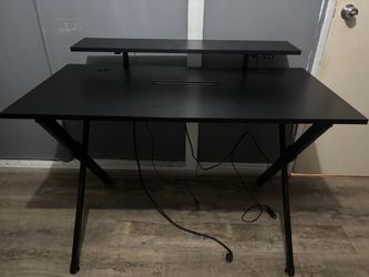 Black Gaming Desk w/ LED Monitor Shelf + Cup Holder