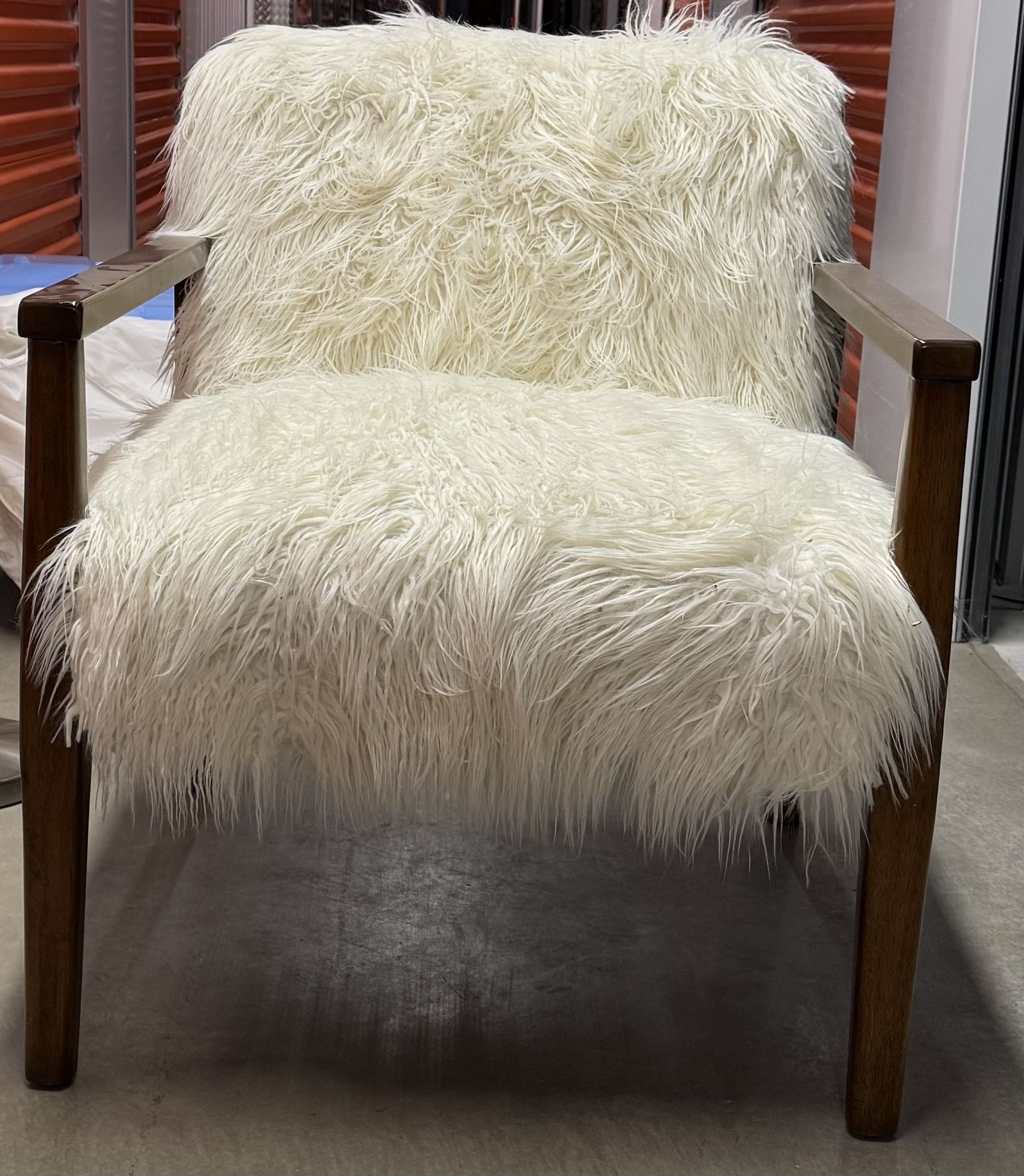 Chic White Faux Fur Chair with Wooden Arms By JGW Furniture