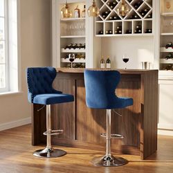 Set of 2 Adjustable Velvet Swivel Bar Stools, High Back Chairs with Nailhead Trim,Blue
